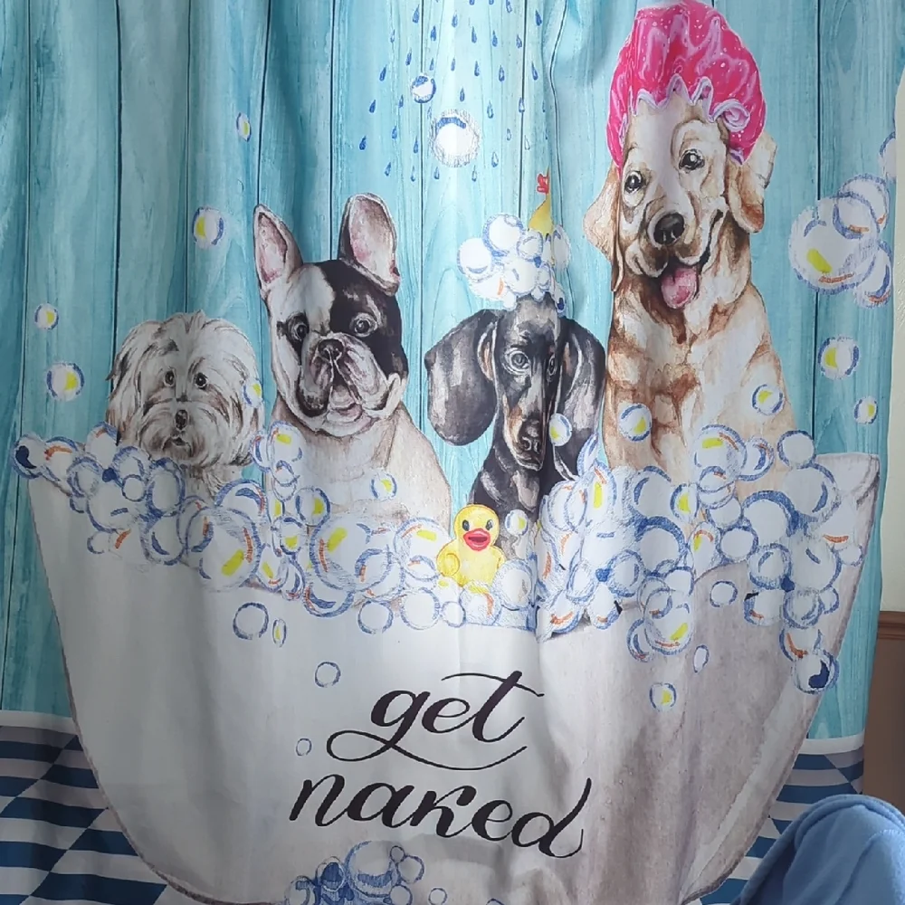 Cute Dog Shower Curtain with Blue and Pink Accents
